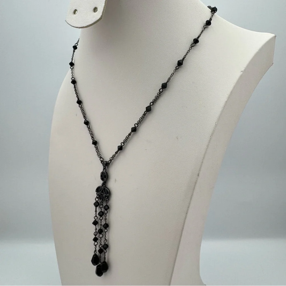 Gothic Style Black Crystal Beaded Y Necklace with Multi-Drop Tassel